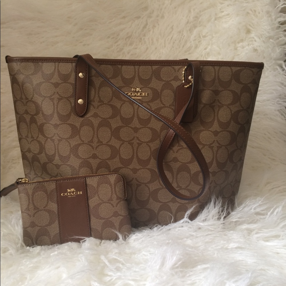 Coach brown and Tan tote with wristlet.